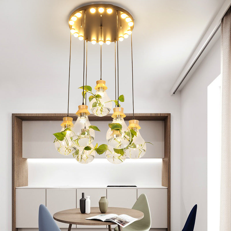 Aquarium-Style Glass & Wood LED Chandelier – 160 mm Single-Head Pendant – Duvencioglu