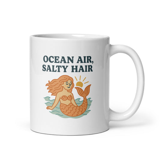 Ocean Air Salty Hair Mug – Retro Mermaid Coffee Cup, Coastal Beach Gift – Duvencioglu