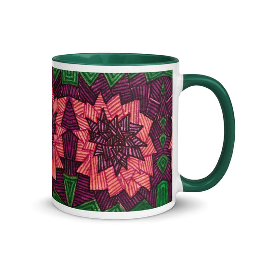 Striped Geometric Flower Mug – Bold Pink, Purple and Green Layered Pattern – Duvencioglu