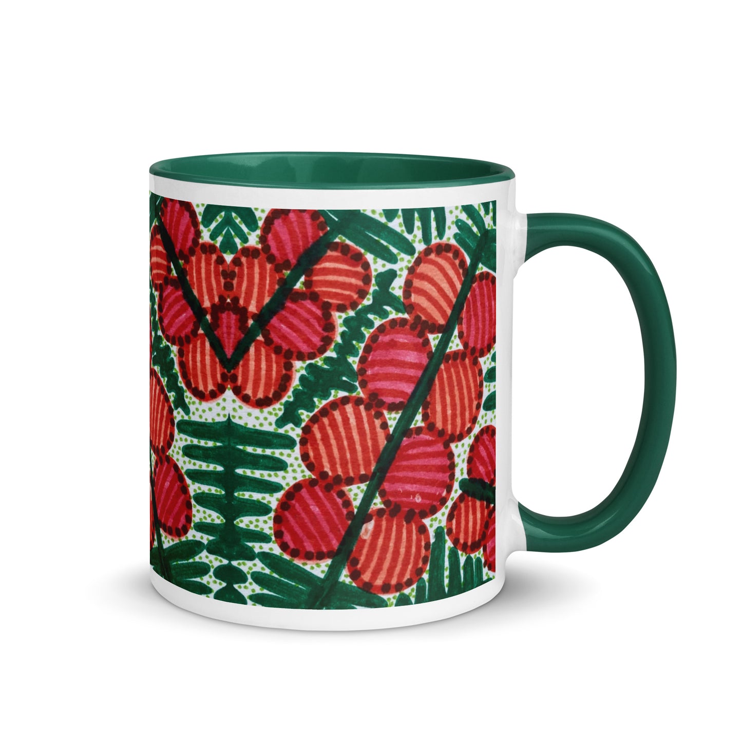 Tropical Red Berry Mug – Bold Botanical Leaf & Fruit Pattern in Green and Pink – Duvencioglu