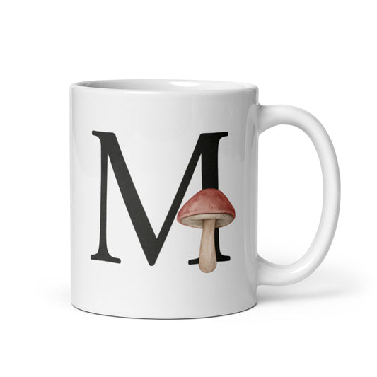 M Initial Mug with Mushroom – Watercolor Letter M Cup – Cozy Nature Gift – Personalized Forest Monogram Coffee Mug for Her or Him – Duvencioglu