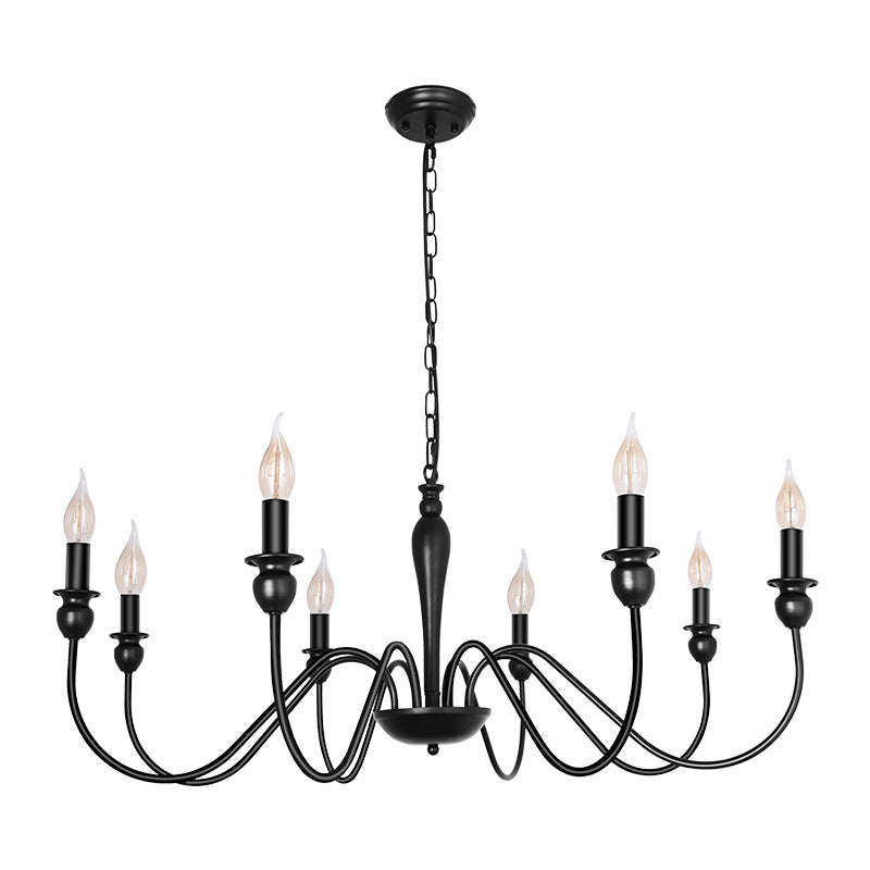 American Black Iron Candle-Style Chandelier – 6/8-Arm LED Dining Light – Duvencioglu