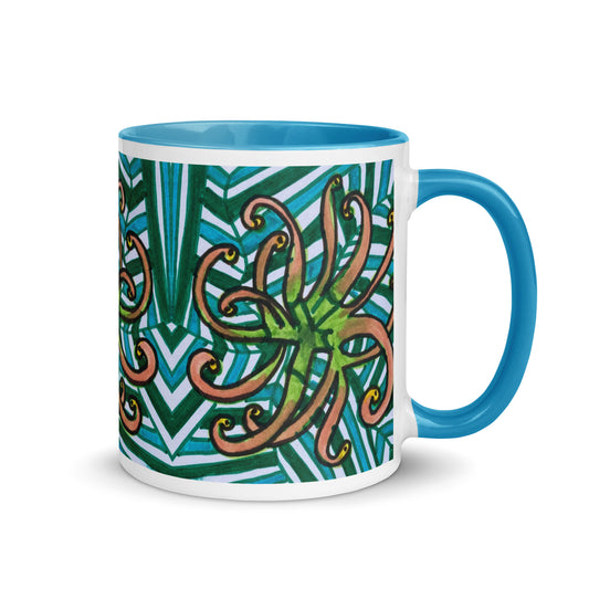 Abstract Jungle Botanical Mug – Green & Brown Swirl Nature Art, Hand Drawn Wild Coffee Cup Gift – Duvencioglu