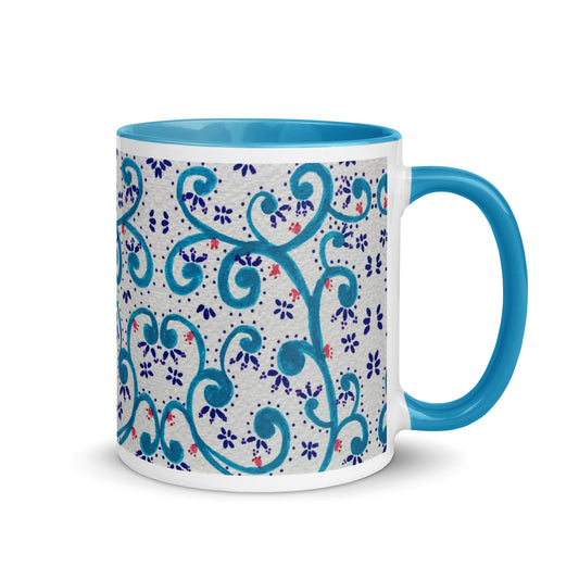 Floral Scroll Mug – Hand Drawn Blue Swirls and Mini Flowers, Romantic Botanical Cup Design – Duvencioglu
