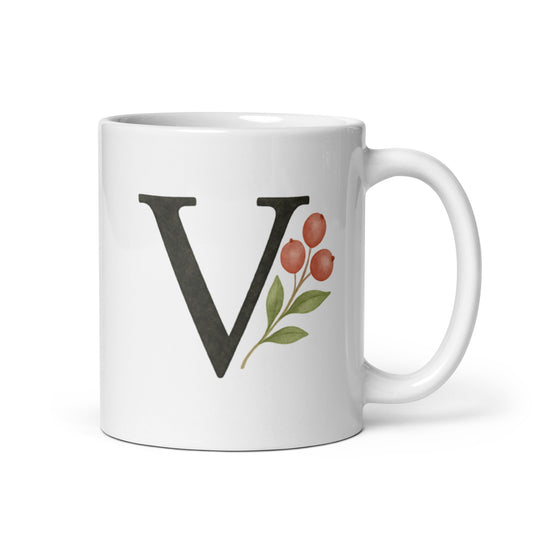 Botanical Mug with V Initial – Watercolor Berry and Leaf Monogram – Personalized Nature-Inspired Coffee Cup Gift – Duvencioglu