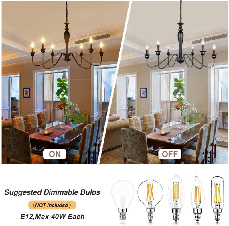 American Black Iron Candle-Style Chandelier – 6/8-Arm LED Dining Light – Duvencioglu