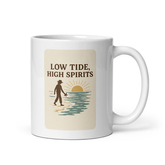Low Tide High Spirits Mug – Uplifting Coastal Quote Cup, Beach Morning Gift – Duvencioglu