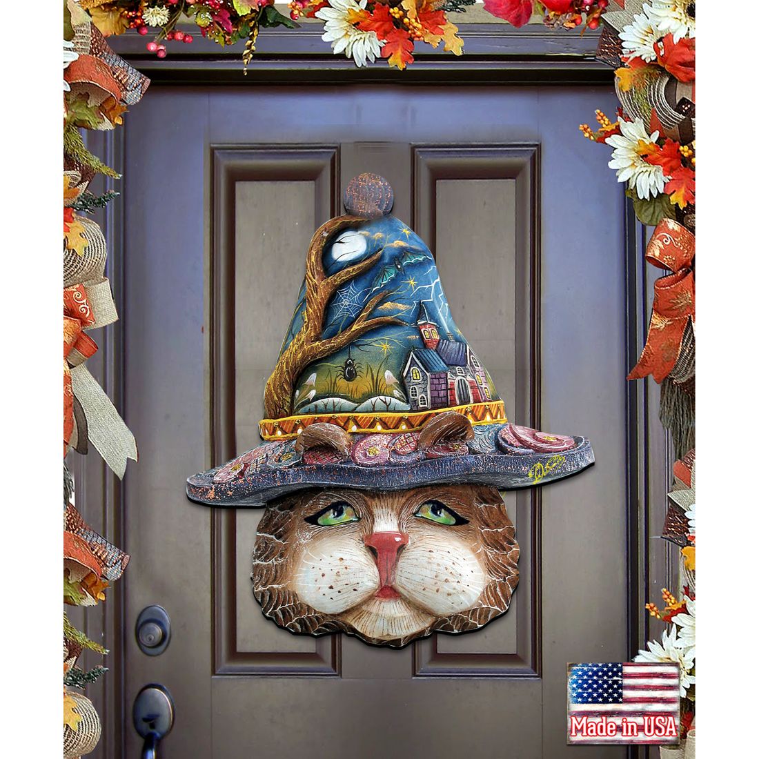 "Halloween Eve Cat" Wooden Door Hanger - Thanksgiving & Halloween Decor by G. DeBrekht (Made in USA) – Duvencioglu