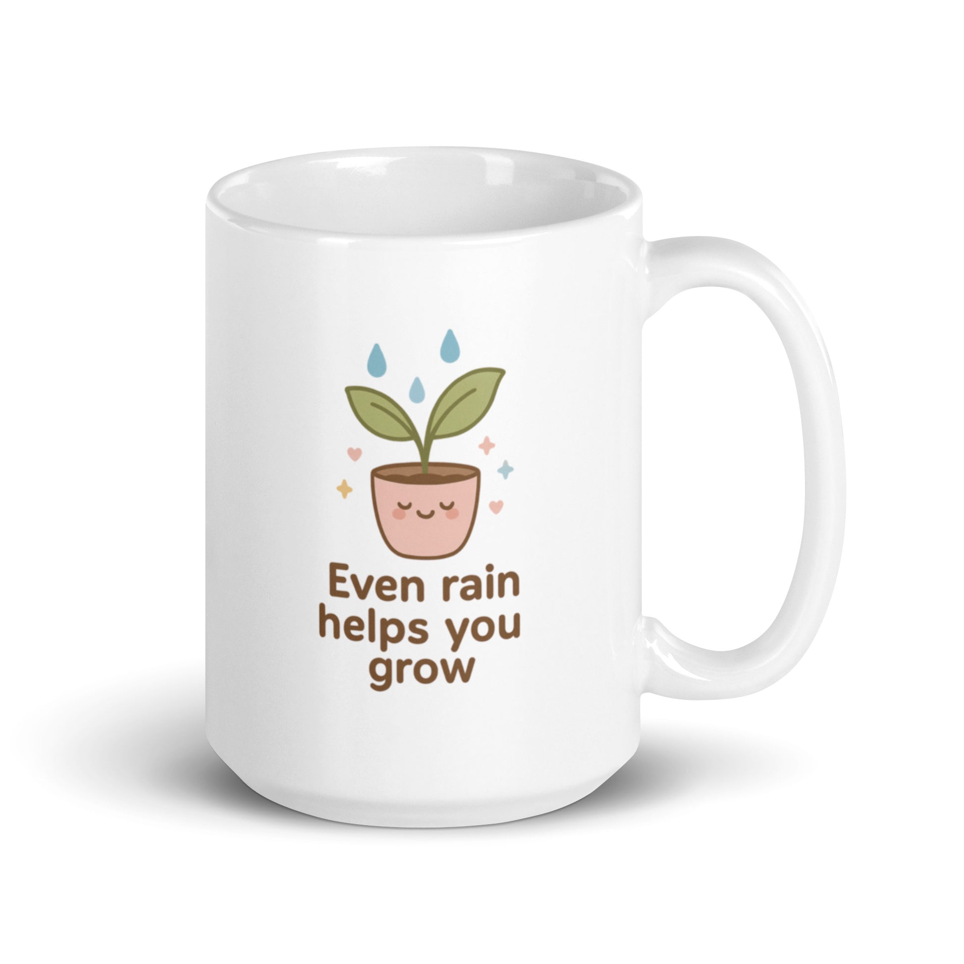Even Rain Helps You Grow Mug – Kawaii Plant Illustration, Positive Healing Gift, Cute Pastel Self Care Cup-Duvencioglu