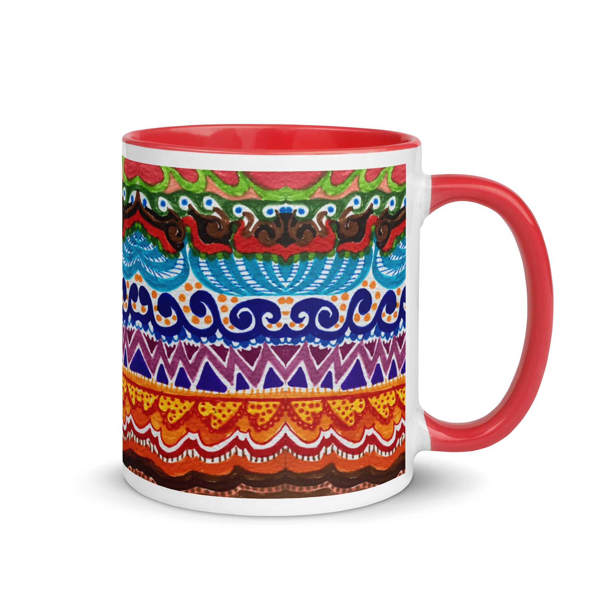 Boho Tribal Pattern Mug – Colorful Ethnic Waves and Geometric Shapes Ceramic Cup – Duvencioglu