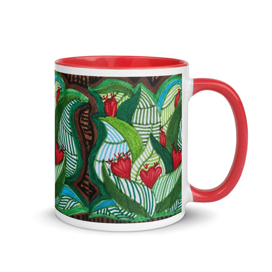 Striped Green Leaf Mug with Red Heart Flowers – Vibrant Botanical Nature Art – Duvencioglu