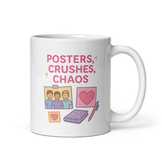 Posters Crushes Chaos Mug – Retro Room Quote Gift for 90s Fangirls – Duvencioglu