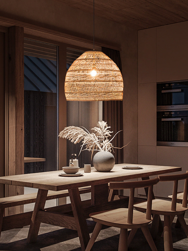 Wabi-Sabi Handwoven Rattan Bedside Chandelier – Natural LED Pendan – Duvencioglu