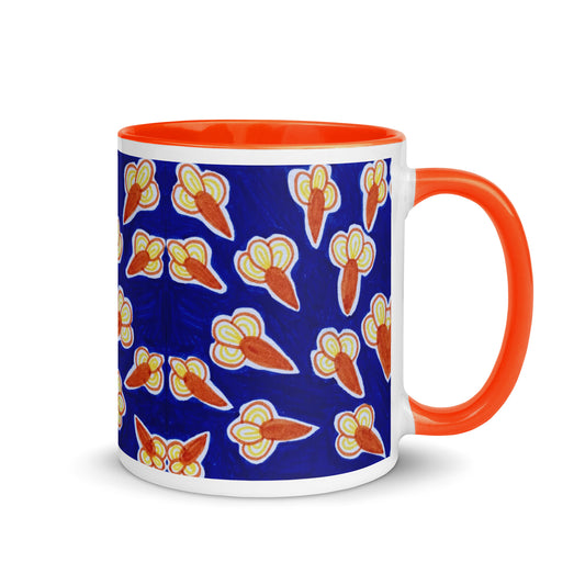 Retro Rocket Bloom Mug – Abstract Orange and Yellow Floral Bursts on Navy Background – Duvencioglu