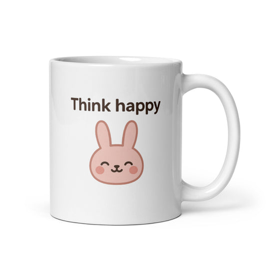Think Happy Mug – Kawaii Bunny Illustration with Positive Vibes – Duvencioglu