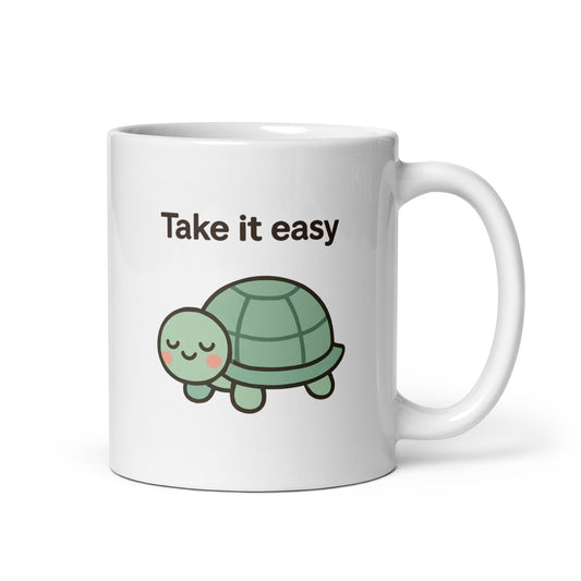 Take It Easy Mug – Kawaii Turtle Design with Relaxing Message – Duvencioglu