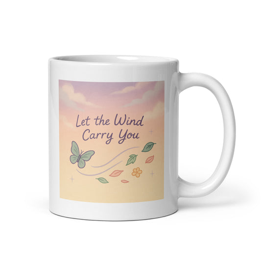 Let the Wind Carry You Mug – Cottagecore Butterfly & Breeze Design – Whimsical Nature Quote Cup – Gentle Pastel Aesthetic Gift – Duvencioglu