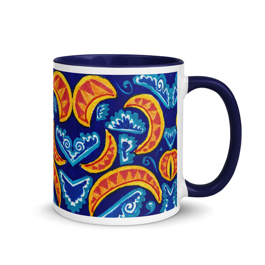 Bold Crescent Pattern Mug – Hand Drawn Folk-Inspired Moon and Wave Design, Vibrant Artistic Coffee Cup – Duvencioglu