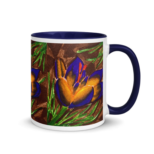 Golden Saffron Flower Mug with Deep Purple Petals – Elegant Botanical Nature-Inspired Cup – Duvencioglu