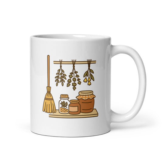 Rustic Broom and Hanging Herbs Mug – Cozy Cottage Pantry Design – Vintage Kitchen Aesthetic Cup – Simple Home Gift Idea – Duvencioglu