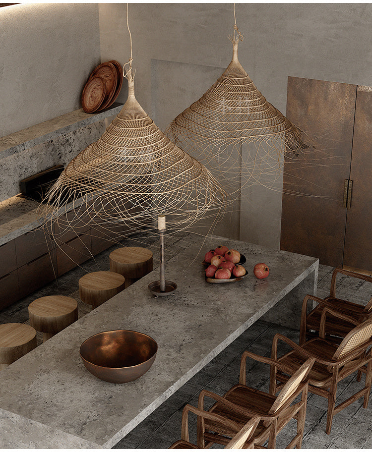 Wabi-Sabi Handwoven Rattan Bedside Chandelier – Natural LED Pendan – Duvencioglu