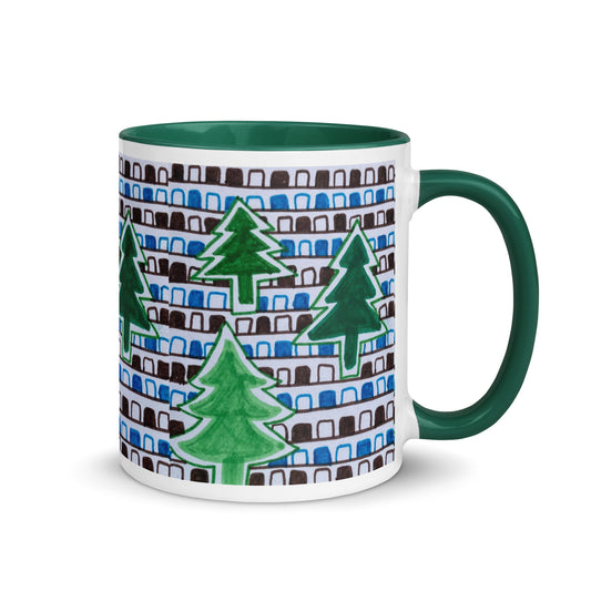 Pine Tree Pattern Mug – Hand Drawn Forest Design with Geometric Background, Winter Nature Coffee Cup – Duvencioglu