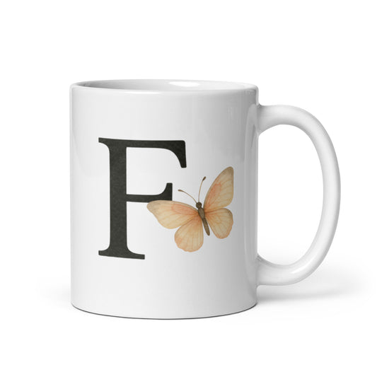 F Initial Mug with Butterfly – Watercolor Letter F Coffee Cup – Gentle Monogram Gift – Personalized Mug for Her or Nature Lover – Duvencioglu