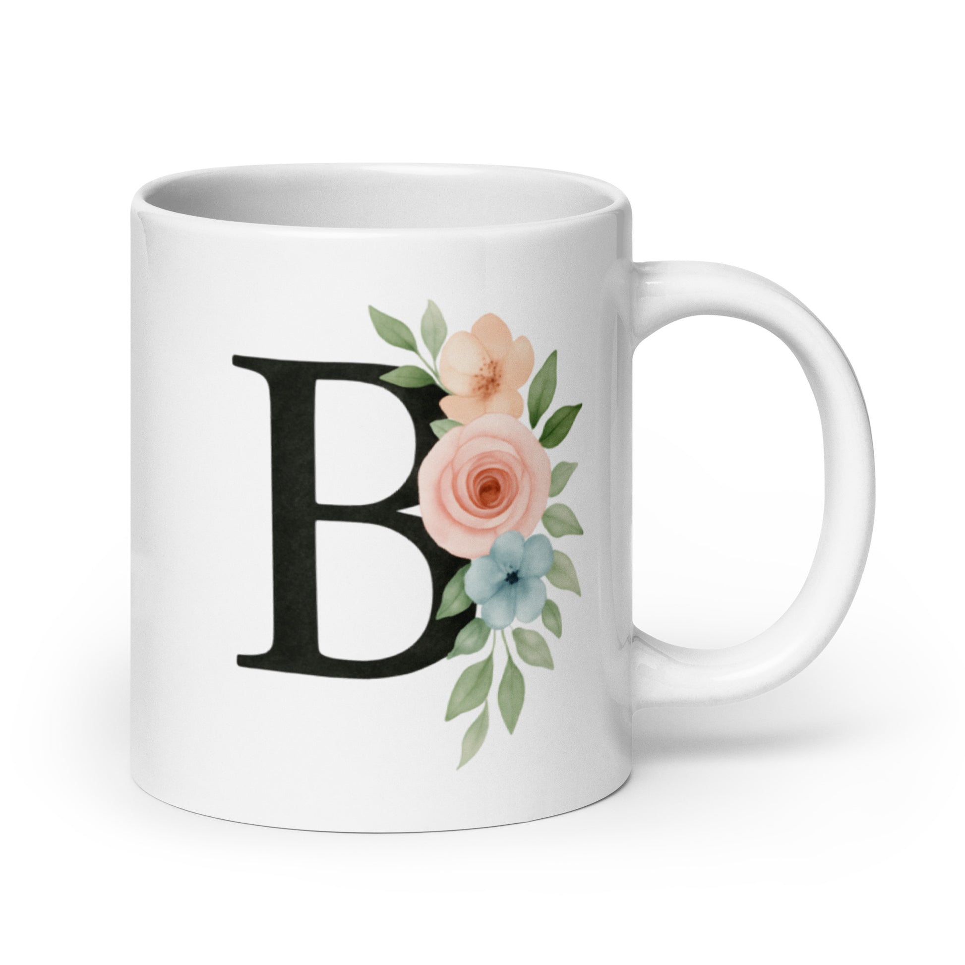 B Initial Mug with Floral Design – Personalized Letter B Cup – Watercolor Monogram Gift for Her – Custom Name Coffee Mug – Duvencioglu