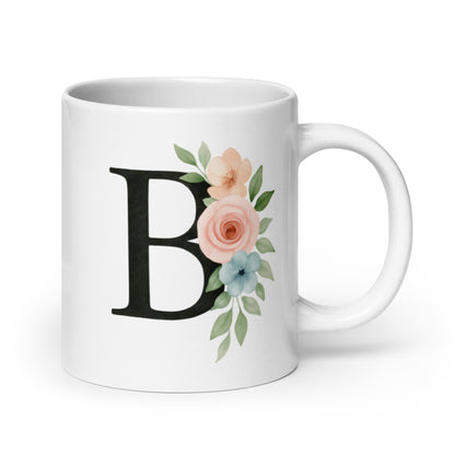 B Initial Mug with Floral Design – Personalized Letter B Cup – Watercolor Monogram Gift for Her – Custom Name Coffee Mug – Duvencioglu