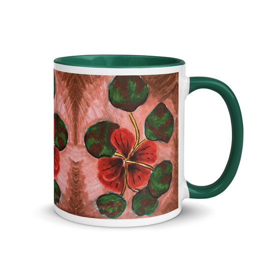 Botanical Bloom Mug – Hand Drawn Red Flower with Green Leaves, Earthy Vintage Coffee Cup Design – Duvencioglu