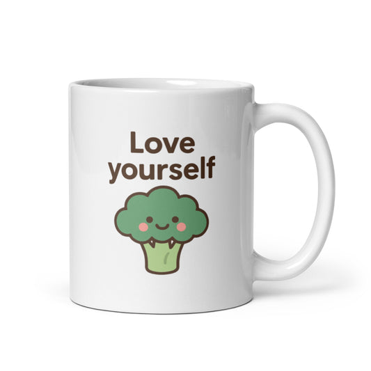 Love Yourself Mug – Kawaii Broccoli Design with Wholesome Affirmation – Duvencioglu