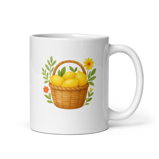 Basket of Fresh Lemons Mug – Sunny Garden Flowers Design – Cheerful Cottagecore Coffee Cup – Summer Kitchen Gift Idea – Duvencioglu
