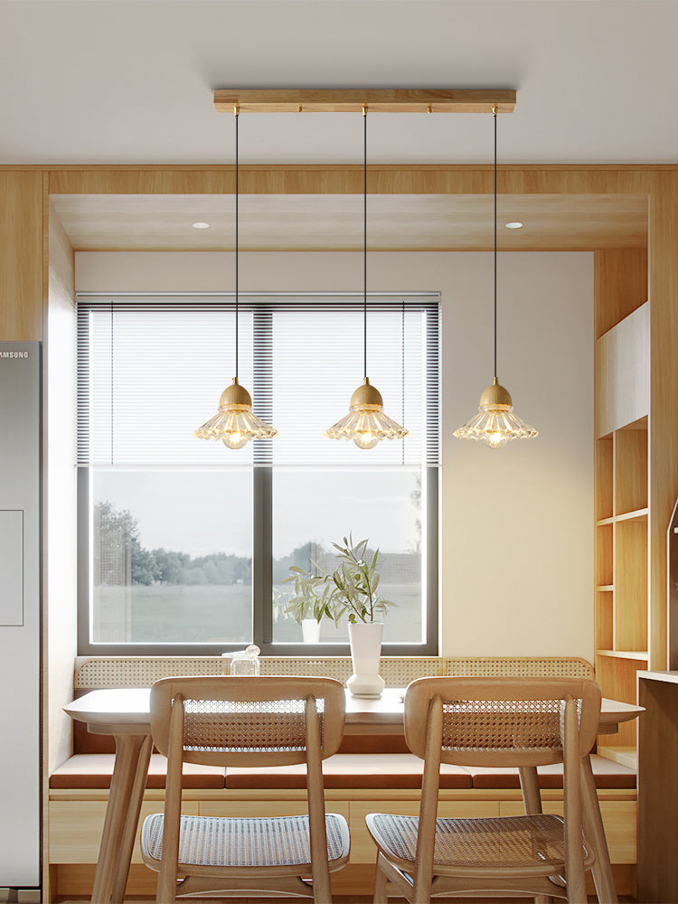 Nordic Solid Wood & Glass 3-Head Chandelier – Modern Minimalist Pendant – Duvencioglu