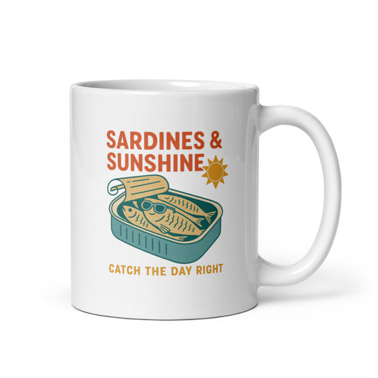 Sardines & Sunshine Mug – Retro Summer Sardine Tin Cup, Coastal Morning Gift – Duvencioglu
