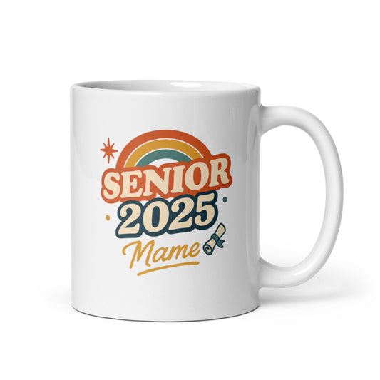 Retro Senior 2025 Graduation Mug – Custom Name Vintage Grad Gift – Colorful Senior Coffee Cup – Duvencioglu