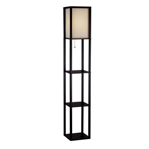 63" Modern Floor Lamp - Black Walnut Frame with Silk Shade & 3 Storage Shelves – Duvencioglu