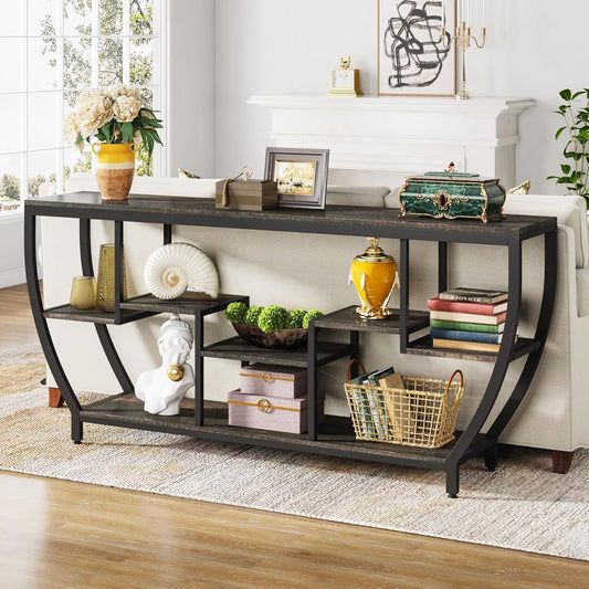 70" Modern Industrial Narrow Console Sofa Table - Black Wood & Metal Frame – Duvencioglu