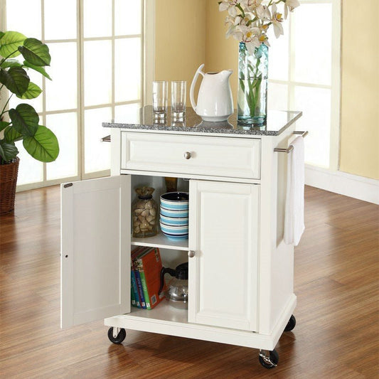 White Kitchen Cart with Black Granite Top - Locking Casters & Storage
