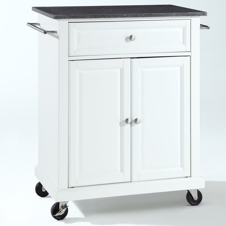 White Kitchen Cart with Black Granite Top - Locking Casters & Storage