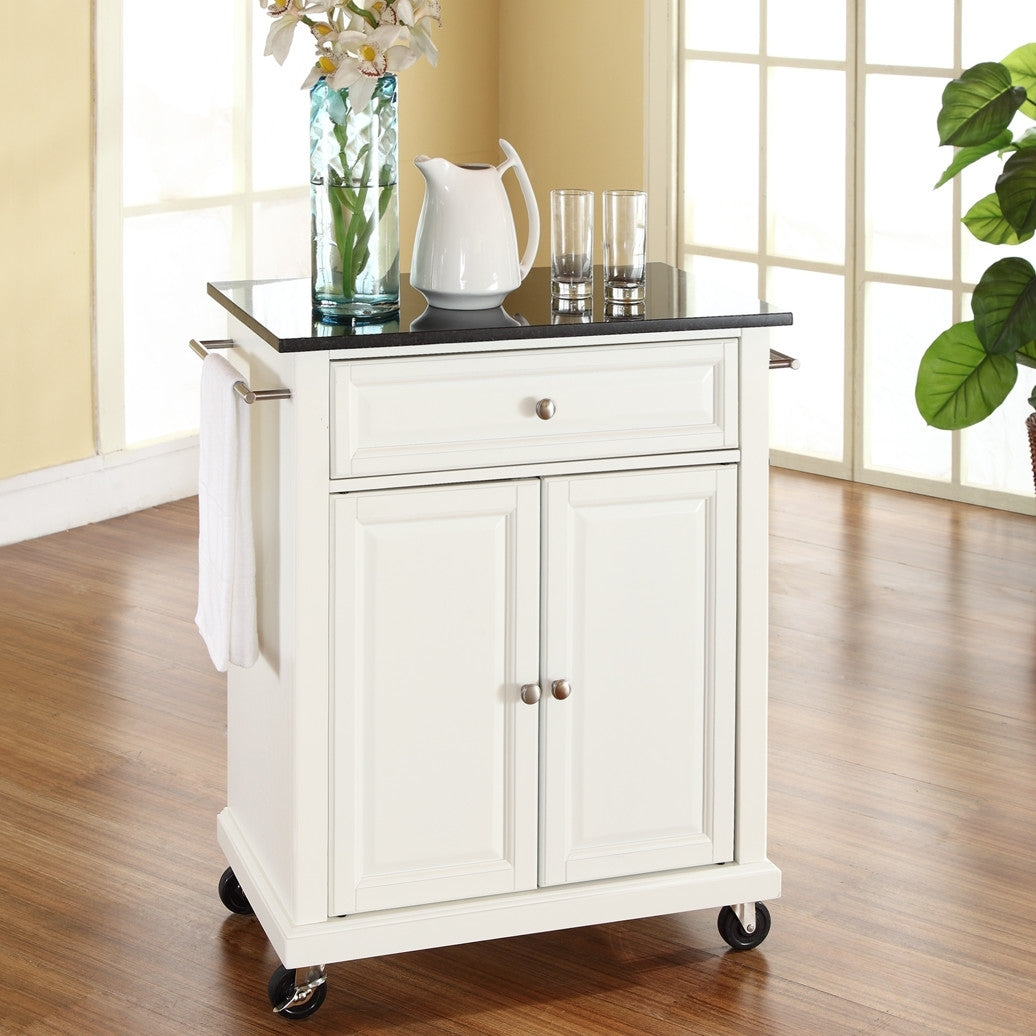 White Kitchen Cart with Black Granite Top - Locking Casters & Storage