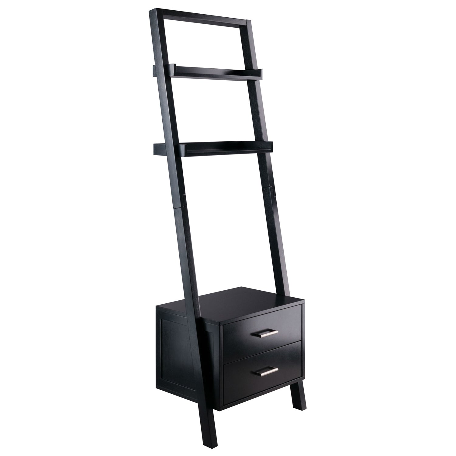 Modern Black Leaning Ladder Bookshelf - 2 Drawers & Entryway Shelf – Duvencioglu