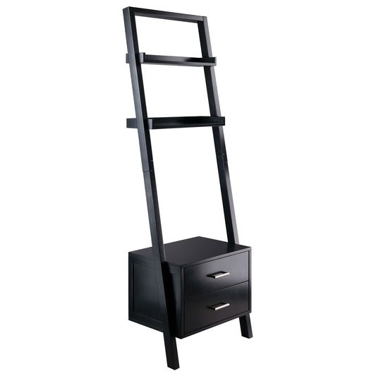 Modern Black Leaning Ladder Bookshelf - 2 Drawers & Entryway Shelf – Duvencioglu