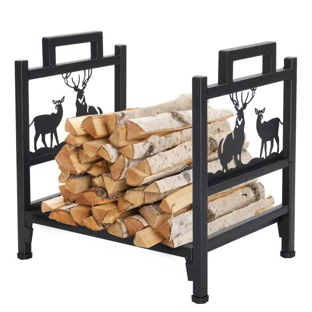 1.5 Ft. Black Metal Firewood Log Rack with Deer Pattern & Tool Holders – Duvencioglu