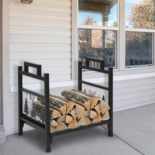 1.5 Ft. Black Metal Firewood Log Rack with Deer Pattern & Tool Holders – Duvencioglu