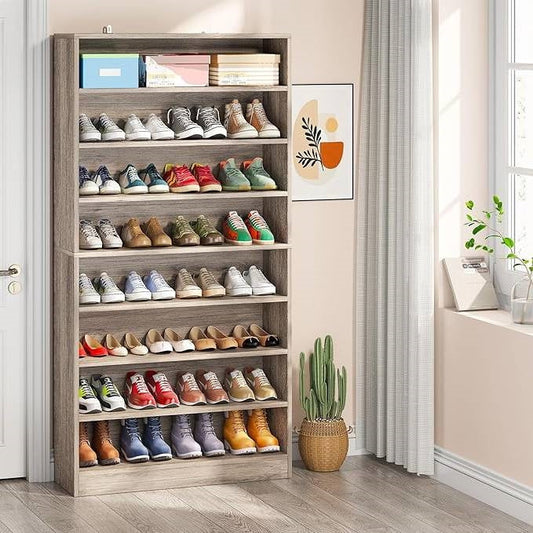 8-Shelf Narrow Shoe Rack Cabinet - Grey Wood Finish, Holds Up To 45 Pairs – Duvencioglu