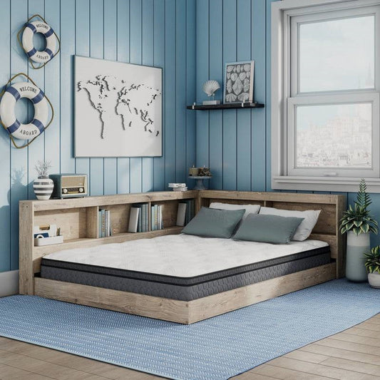 Full Size Corner Storage Platform Bed - Bookcase Headboard & USB Ports
