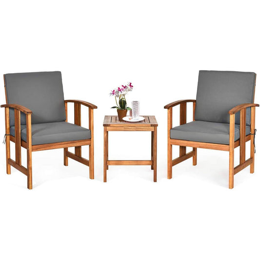 Product Title: 3-Piece Solid Wood Outdoor Patio Set - Acacia Chairs, Table & Grey Cushions – Duvencioglu