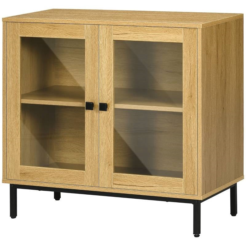 Modern Glass Door Sideboard Cabinet - 31.5" Oak Wood Finish Buffet<