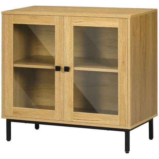Modern Glass Door Sideboard Cabinet - 31.5" Oak Wood Finish Buffet<