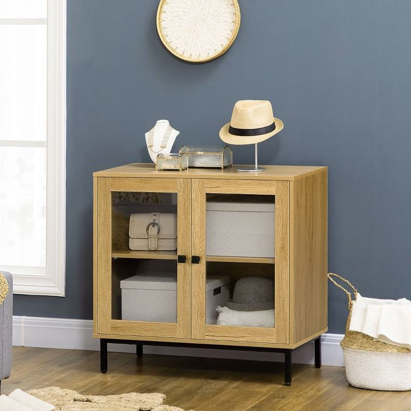 Modern Glass Door Sideboard Cabinet - 31.5" Oak Wood Finish Buffet<